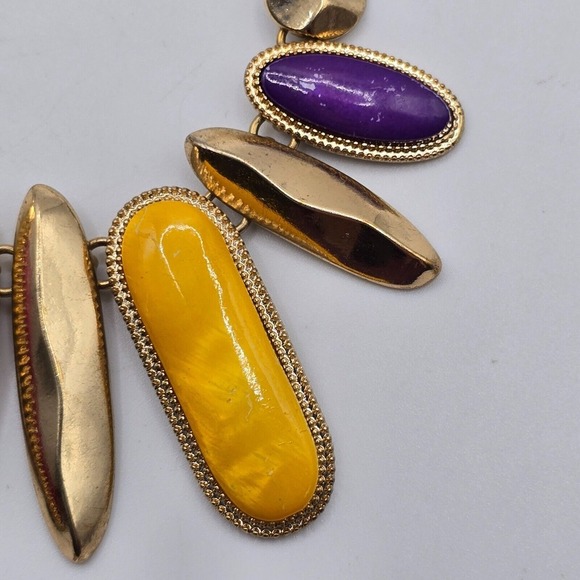 Statement Gold Tone Necklace Colorful Oval Pendants Womens Jewelry Boho Festival - Picture 3 of 7